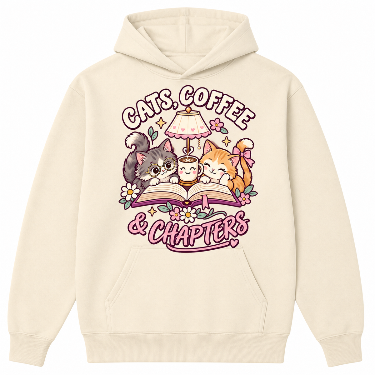Cats Coffee and Chapters bone hoodie front