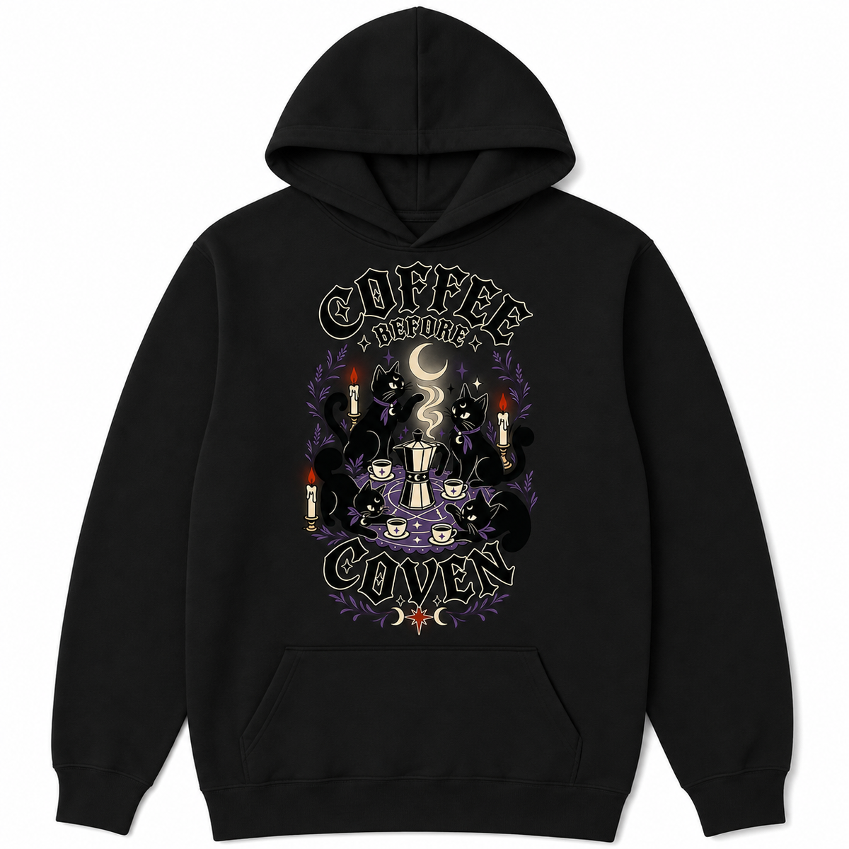Coffee Before Coven black unisex hoodie front with coffee and cat artwork