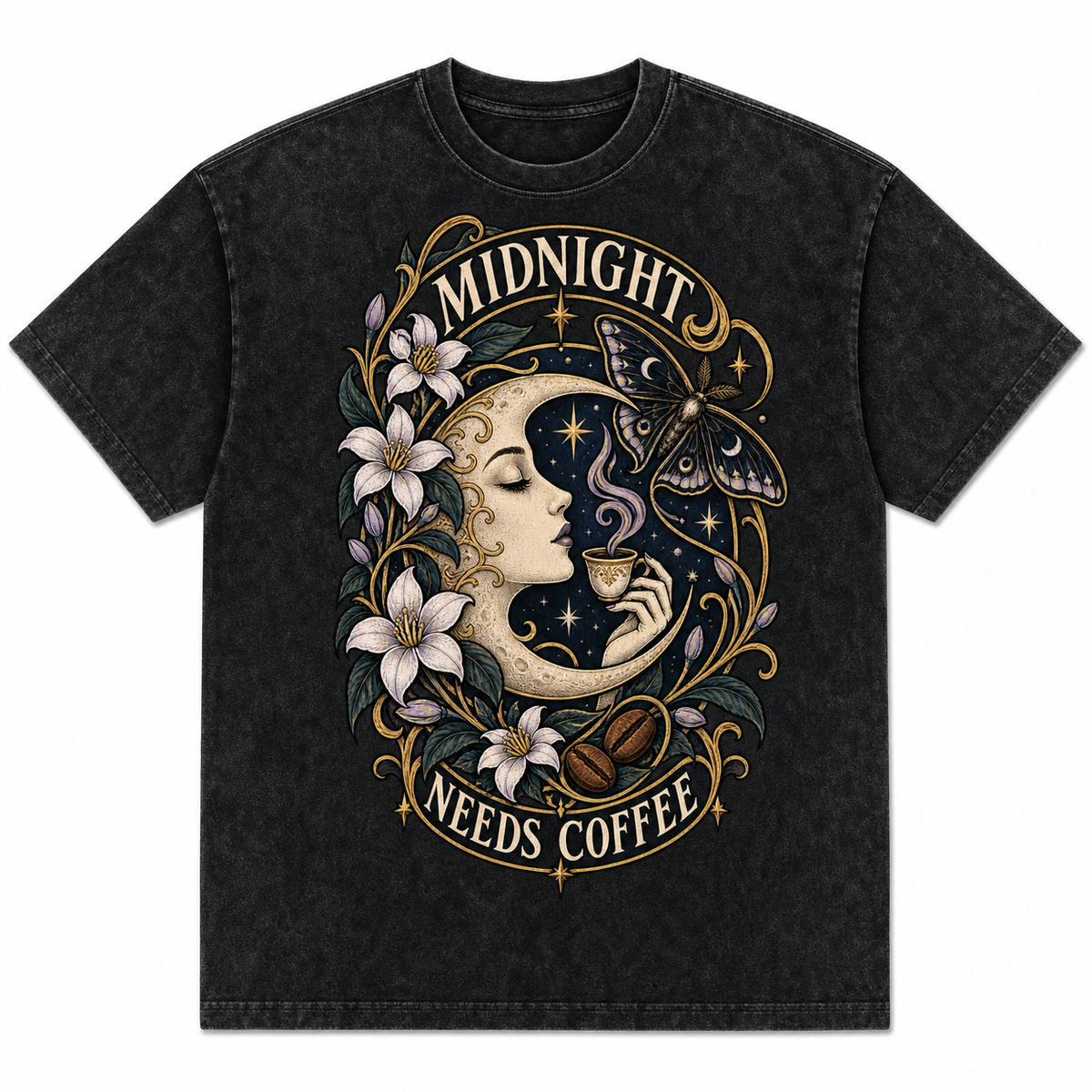 Midnight Needs Coffee black mineral vintage tee front with moon and coffee artwork