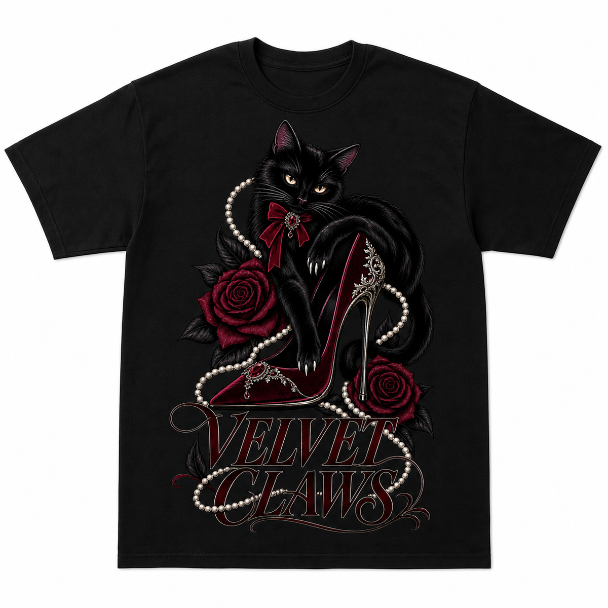 Velvet Claws black heavyweight tee front with cat and heel artwork