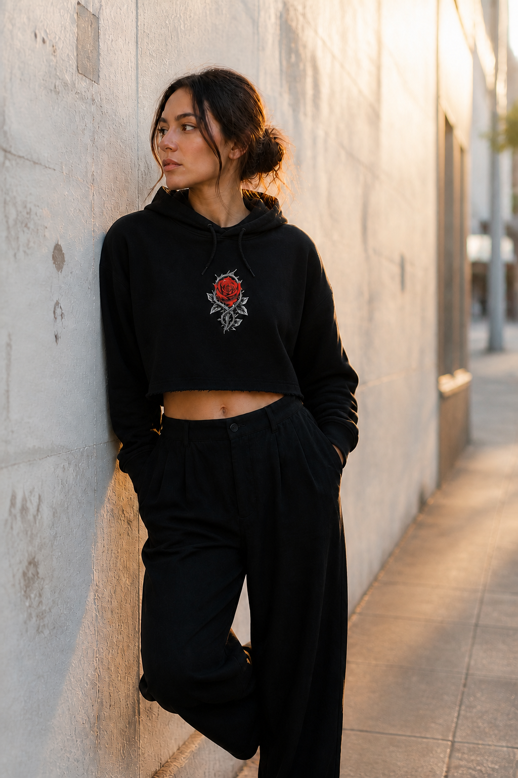 NOXZX Rebel Rose cropped hoodie wall portrait